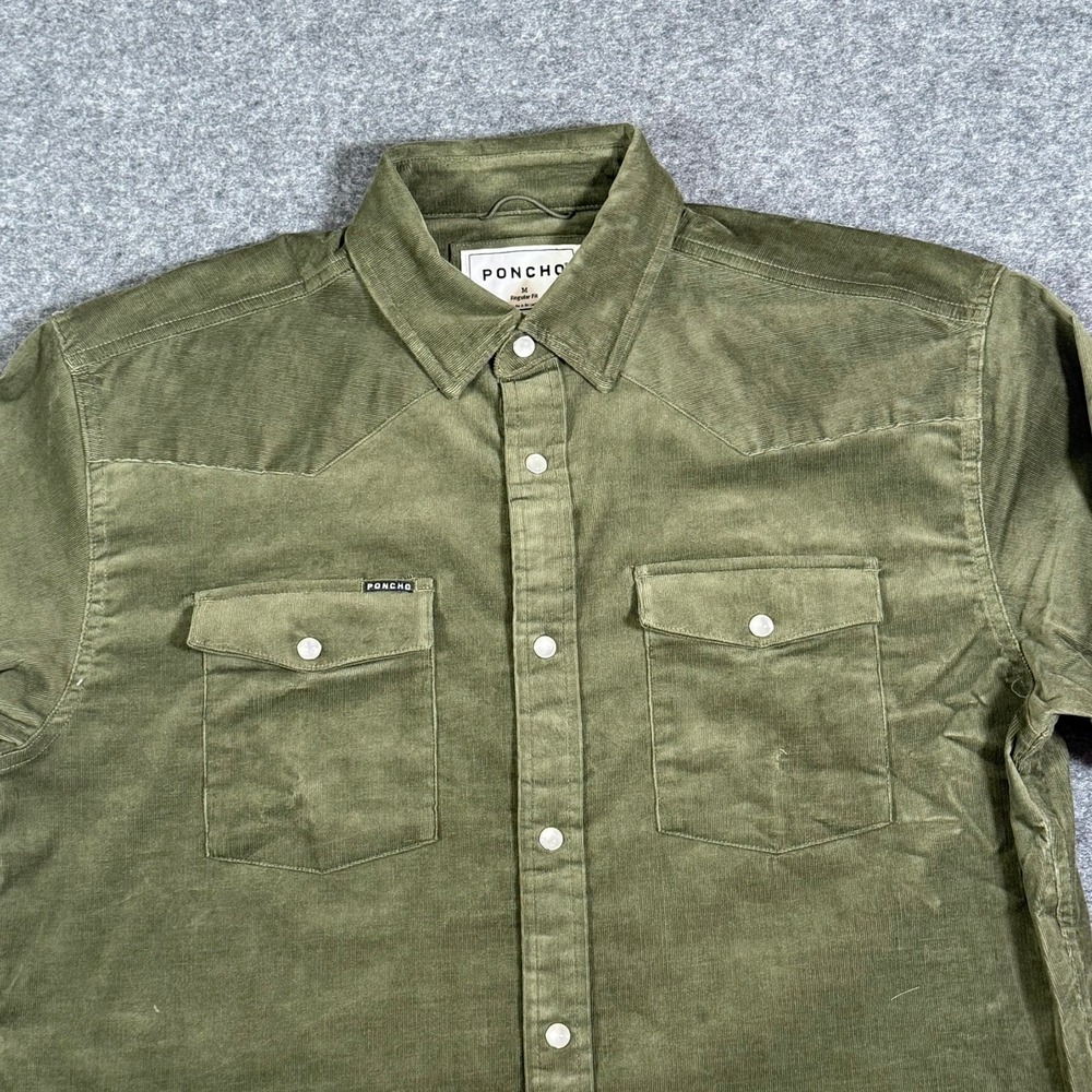 Poncho Outdoors Mens Zilker Olive Green Corduroy Western Pearl Snap Shirt Medium